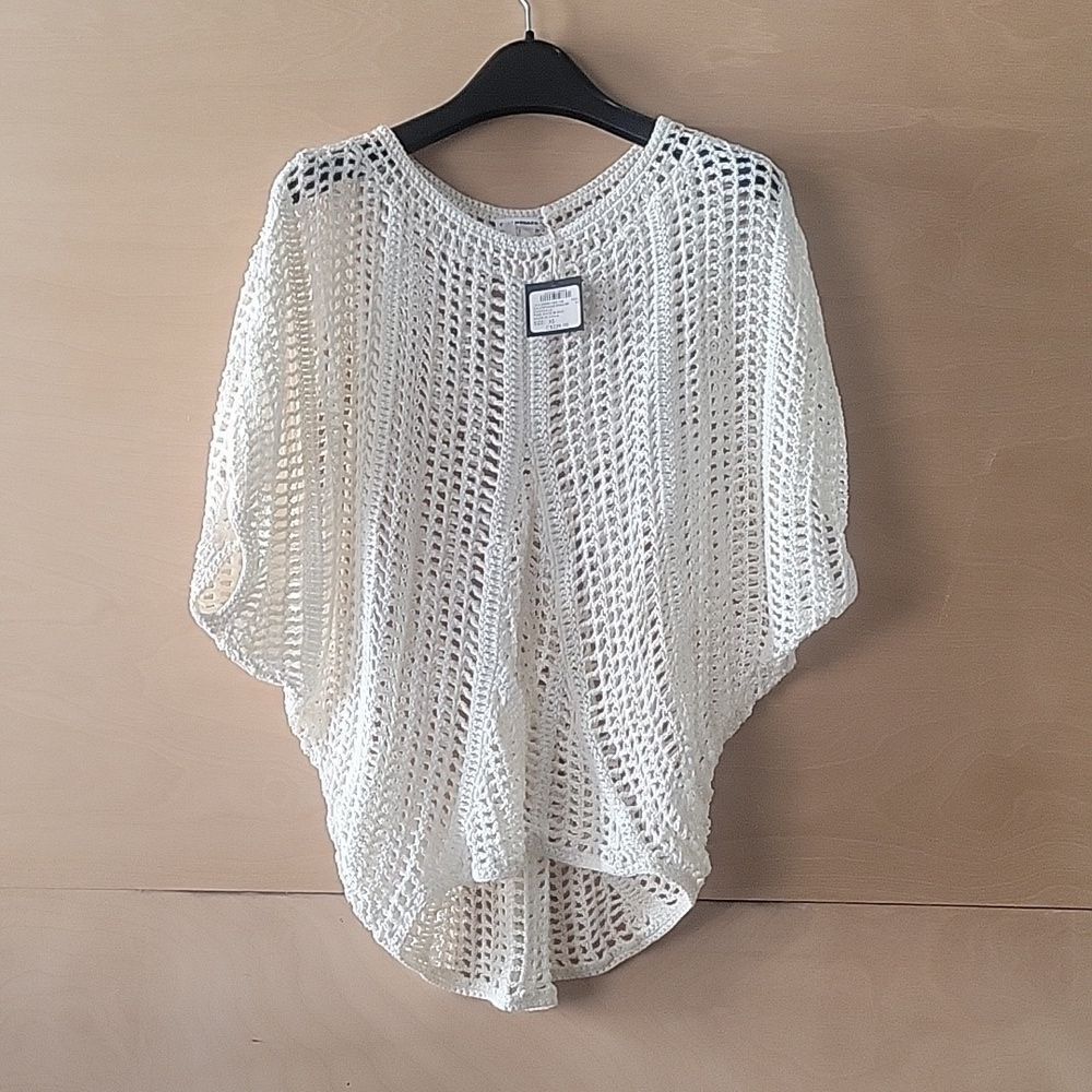 NWT Club Monaco XS Crochet Woven White Cut Out Knit Boho Linen Relaxed Top Drape